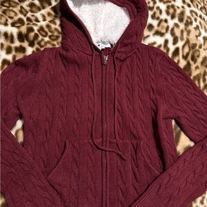 Burgundy Cozy Maroon Cable Knit Hoodie zip up